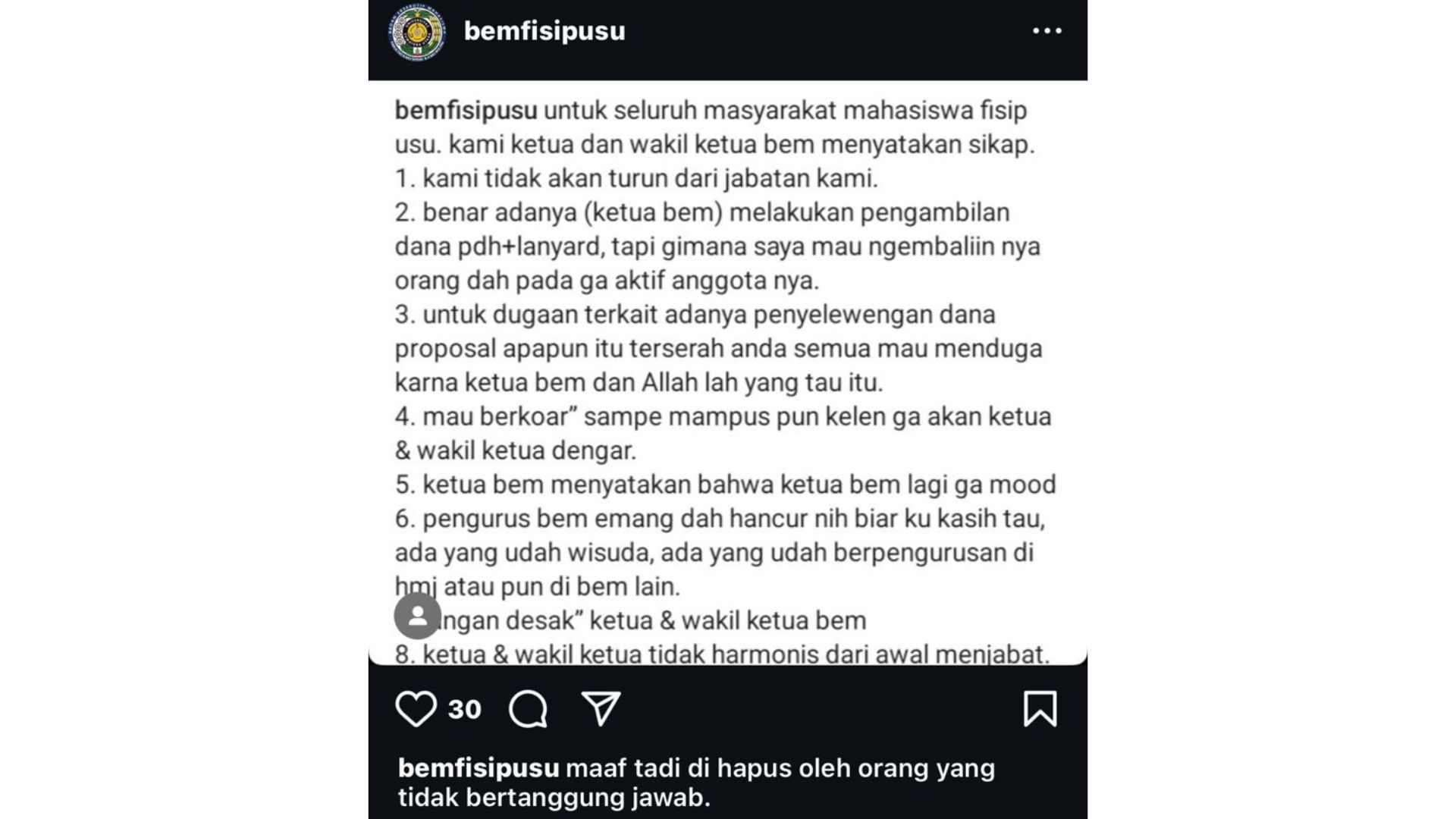 Peretasan Akun Resmi Instagram BEM FISIP USU, Konflik Internal Diunggah ke Publik - www.mediapijar.com