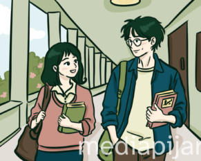 ilustrasi wanita dan pria sedang berjalan dilorong