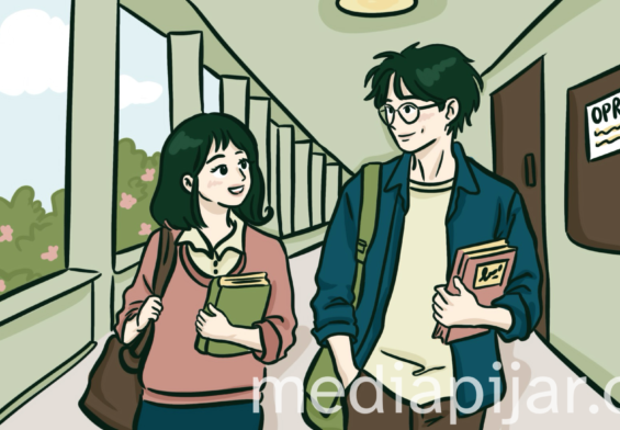 ilustrasi wanita dan pria sedang berjalan dilorong