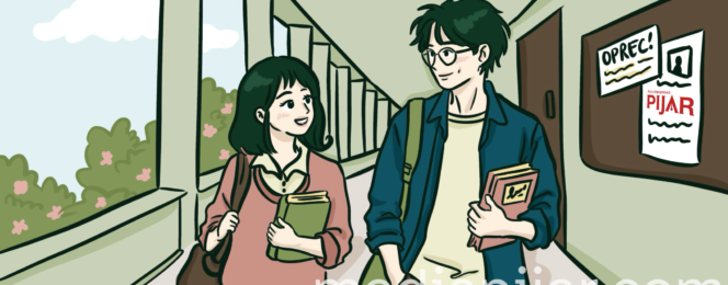 ilustrasi wanita dan pria sedang berjalan dilorong