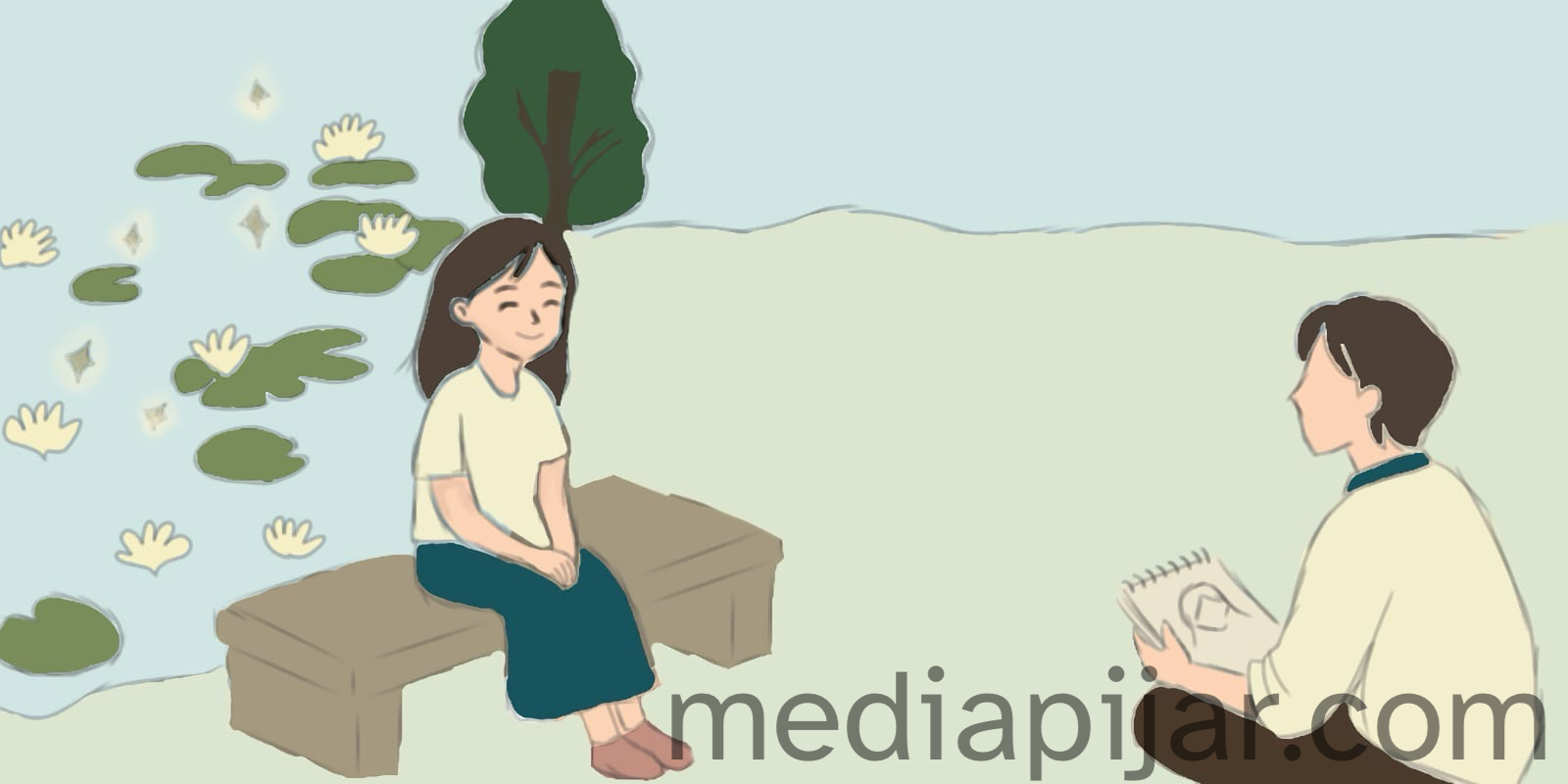 ilustrasi pria duduk memperhatikan wanita