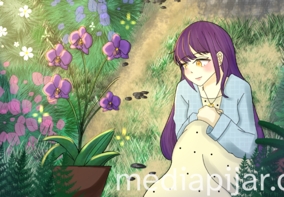 ilustrasi perempuan duduk dekat bunga