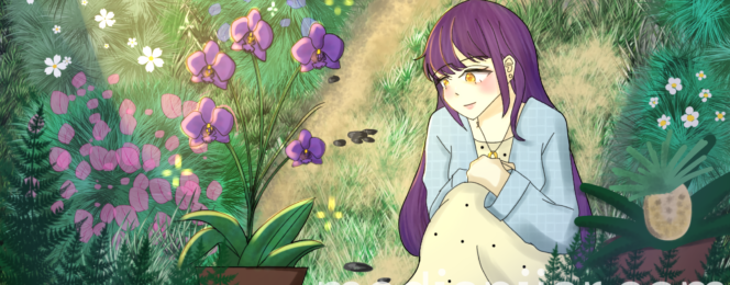 ilustrasi perempuan duduk dekat bunga