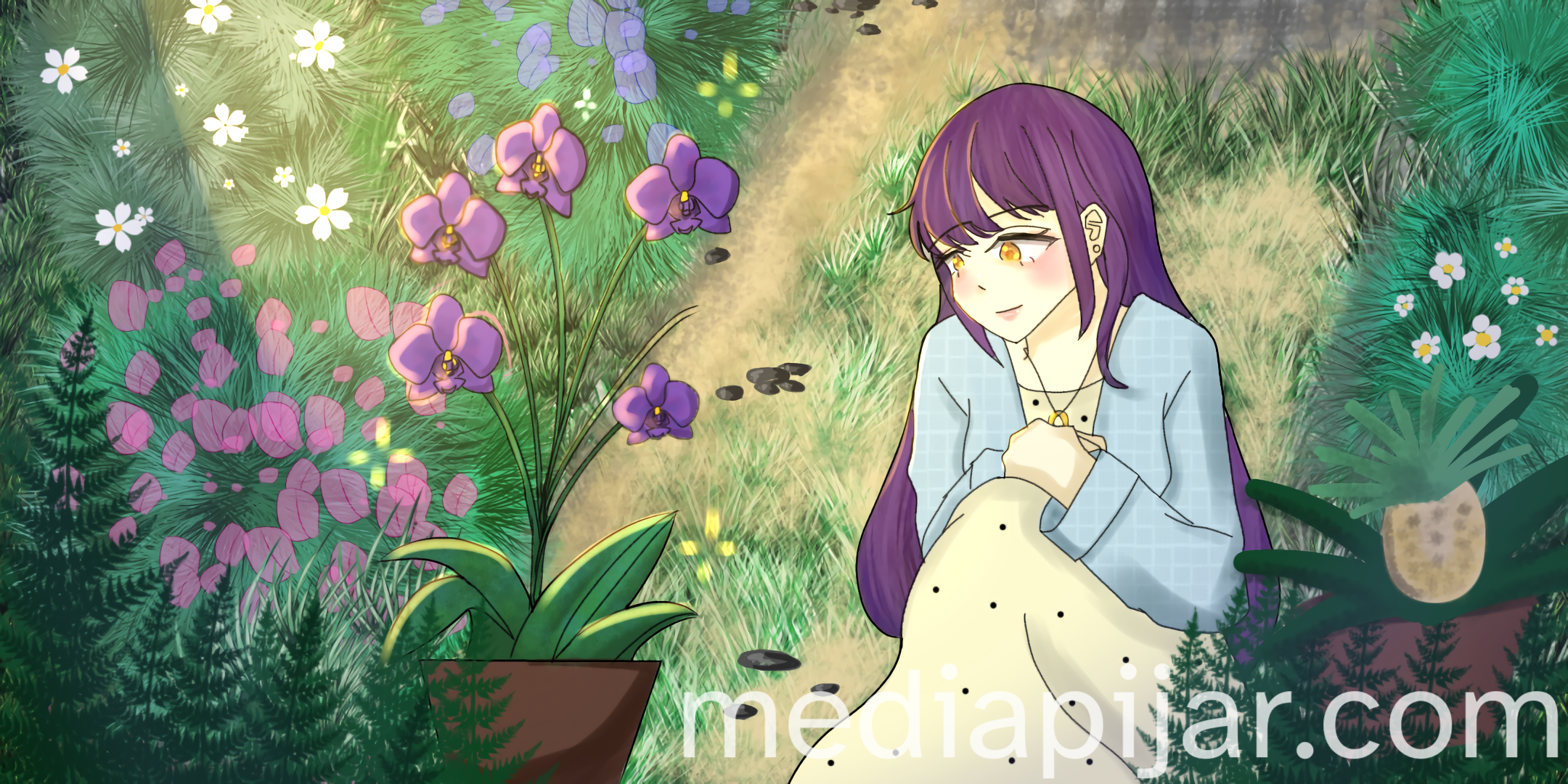 ilustrasi perempuan duduk dekat bunga