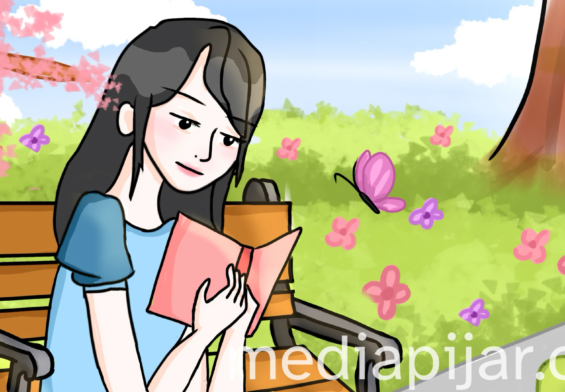 ilustrasi sesorang perempuan membaca buku