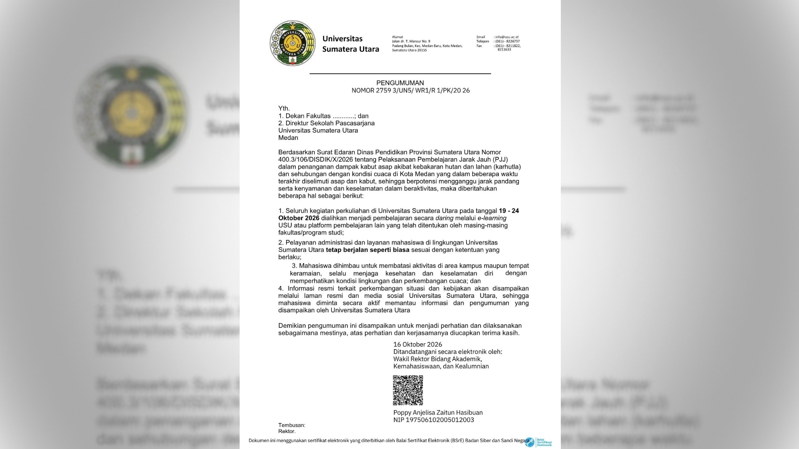 surat edaran pjj oleh usu