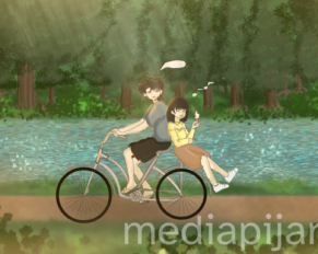 ilustrasi perempuan dan laki laki naik sepeda