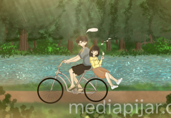 ilustrasi perempuan dan laki laki naik sepeda