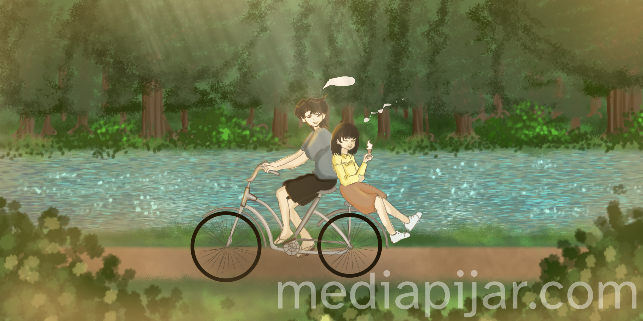 ilustrasi perempuan dan laki laki naik sepeda